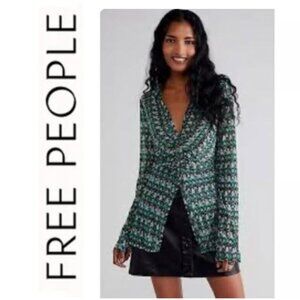 Free People Green Patterned Draped Long Sleeve Blouse Top Size Large